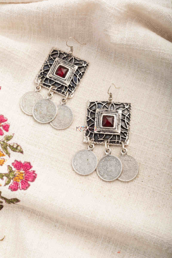 Image for Kessa Kpe269 Turkish Stone Rectangle Coin Earring Red