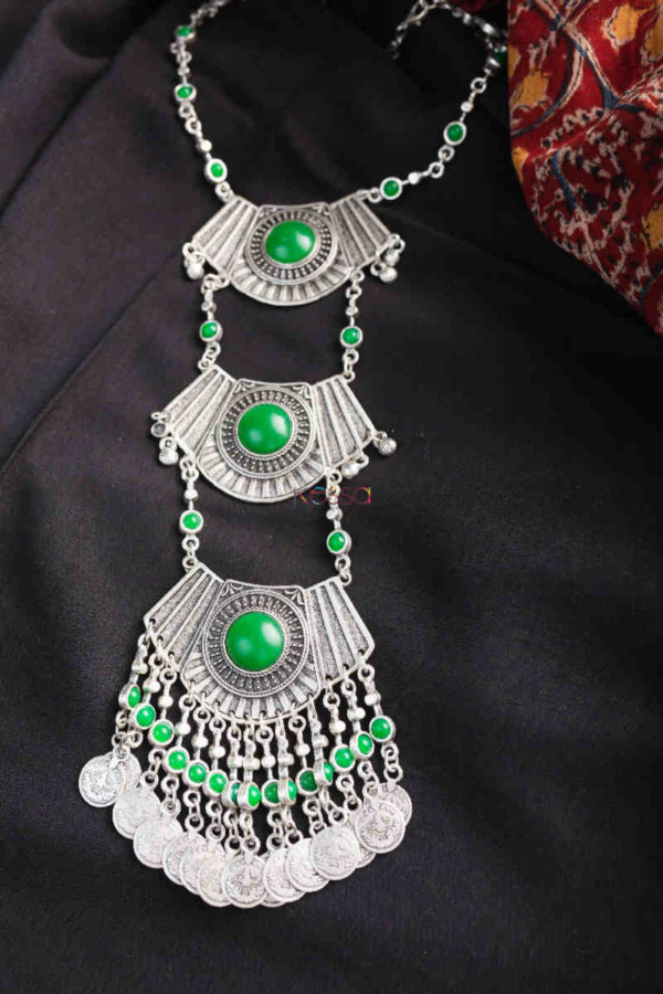 Image for Kessa Kpn124 Turkish Multi Stone Coin Necklace Green