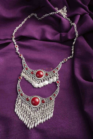 Image for Kessa Kpn127 Turkish Multi Stone Drop Necklace Red