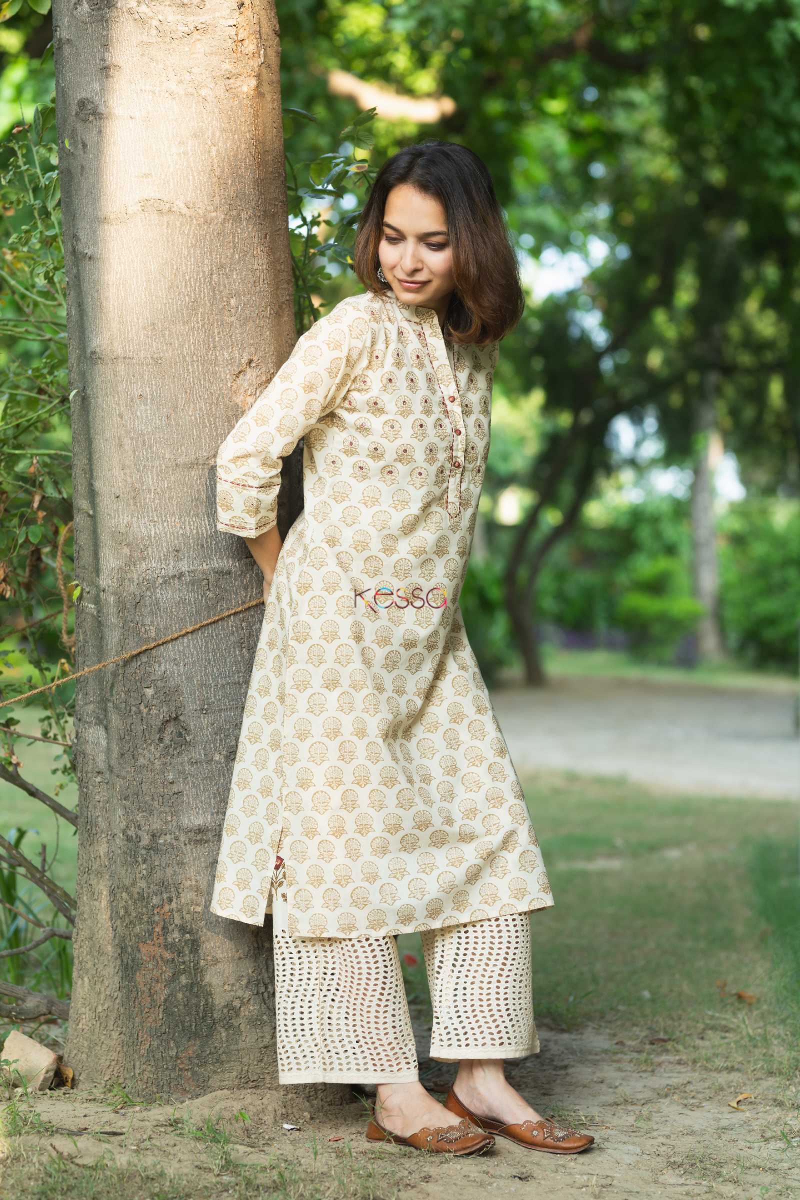 Buy White Multicoloured Printes Kurta With Golden Pants And Dupatta Online   W for Woman