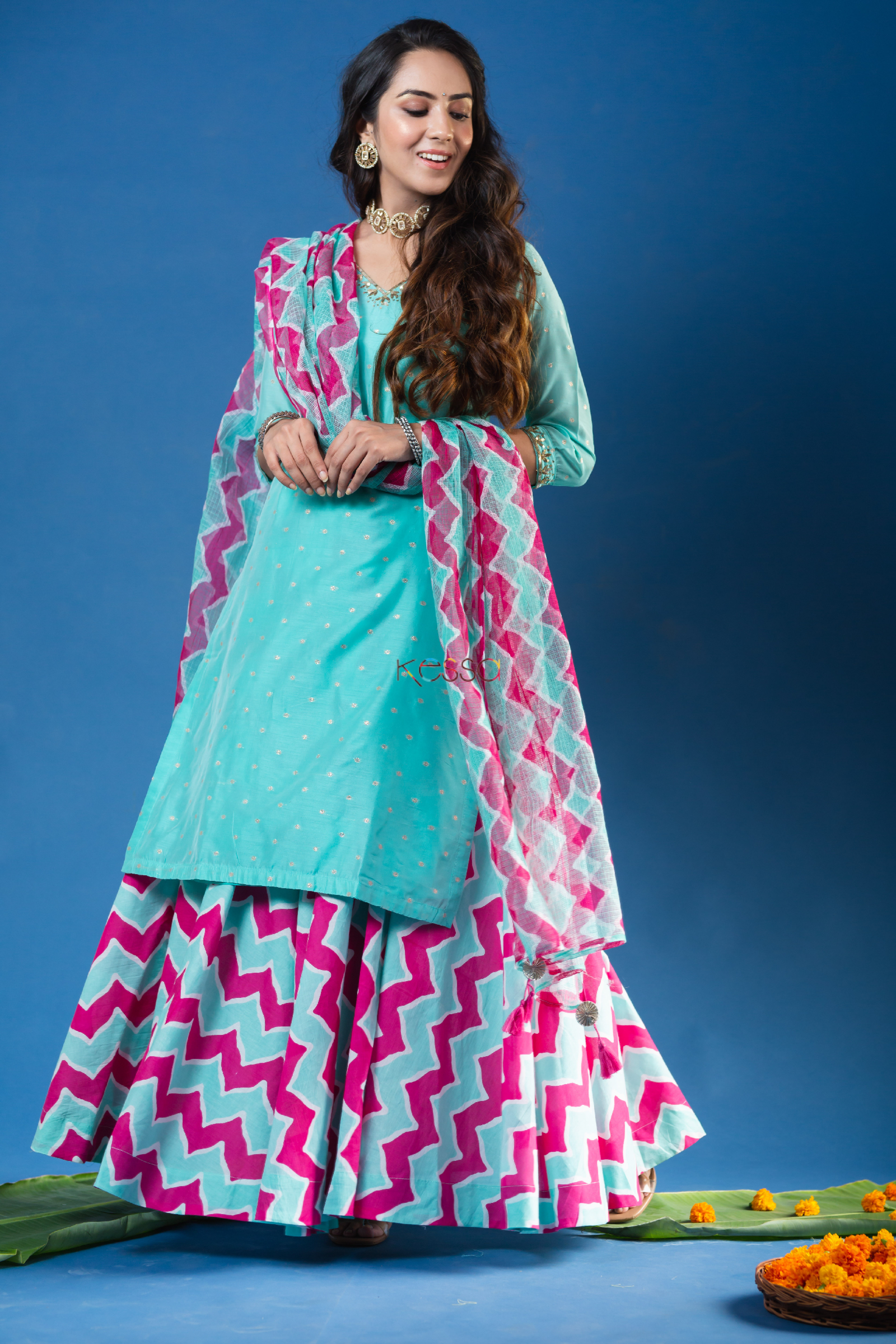 INDYA Women Peach-Coloured Printed Chanderi Brocade Foil Maxi Skirt -  Absolutely Desi