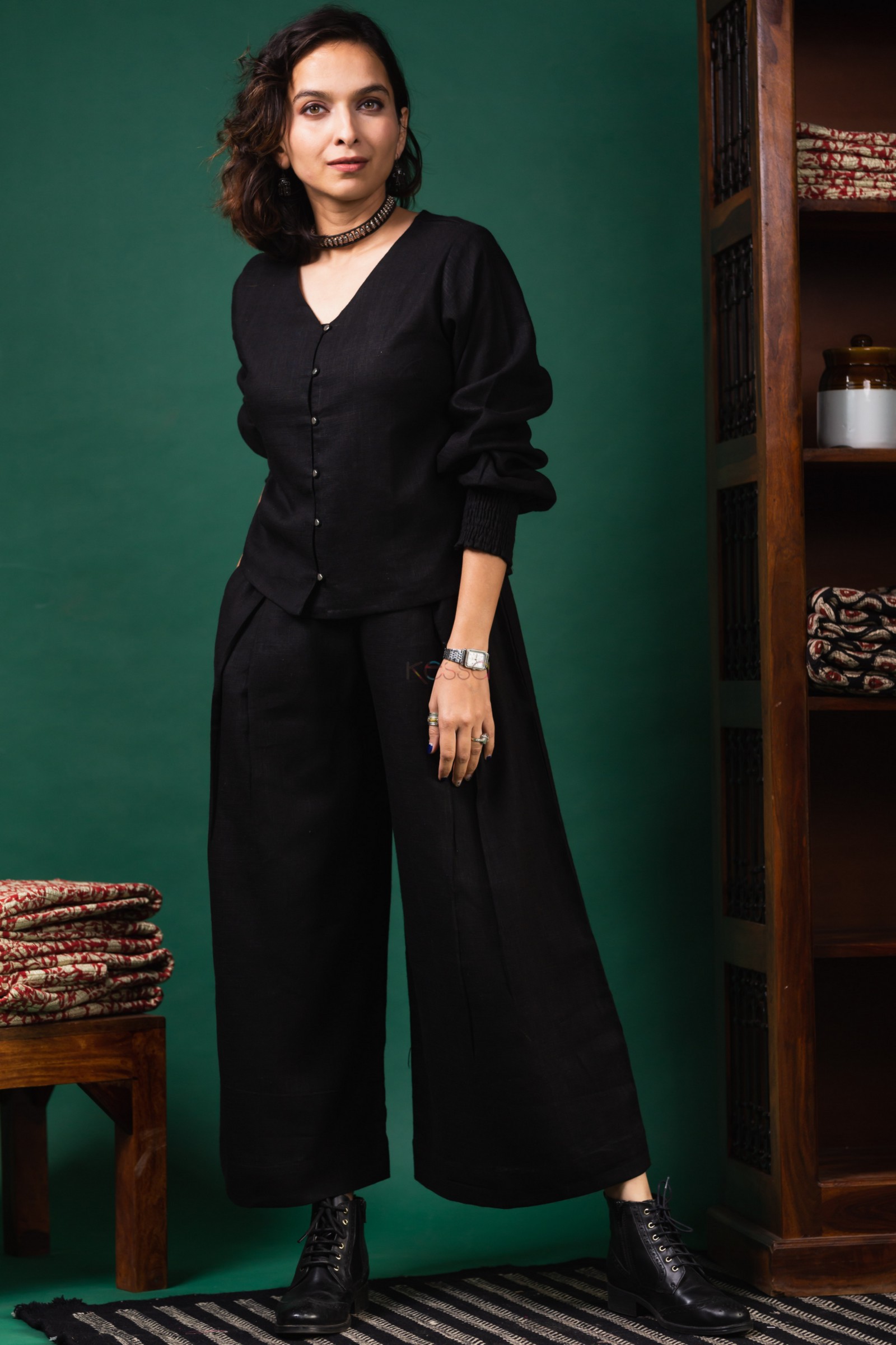 CoOrd Set Black Linen Shirt and Handloom Cotton Wide Leg Pants  Madhurima  Bhattacharjee