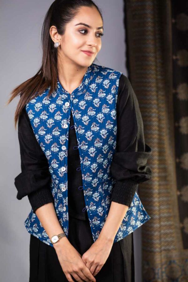 Image for Kessa Sj28blue Mrinal Quilted Full Sleeves Reverable Silk Jacket Front
