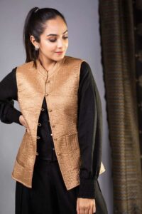Image for Kessa Sj30beige Arunima Quilted Half Sleeves Reverable Silk Jacket Featured