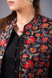 Image for Kessa Sj31black Araya Quilted Half Sleeves Reversable Silk Jacket Closeup
