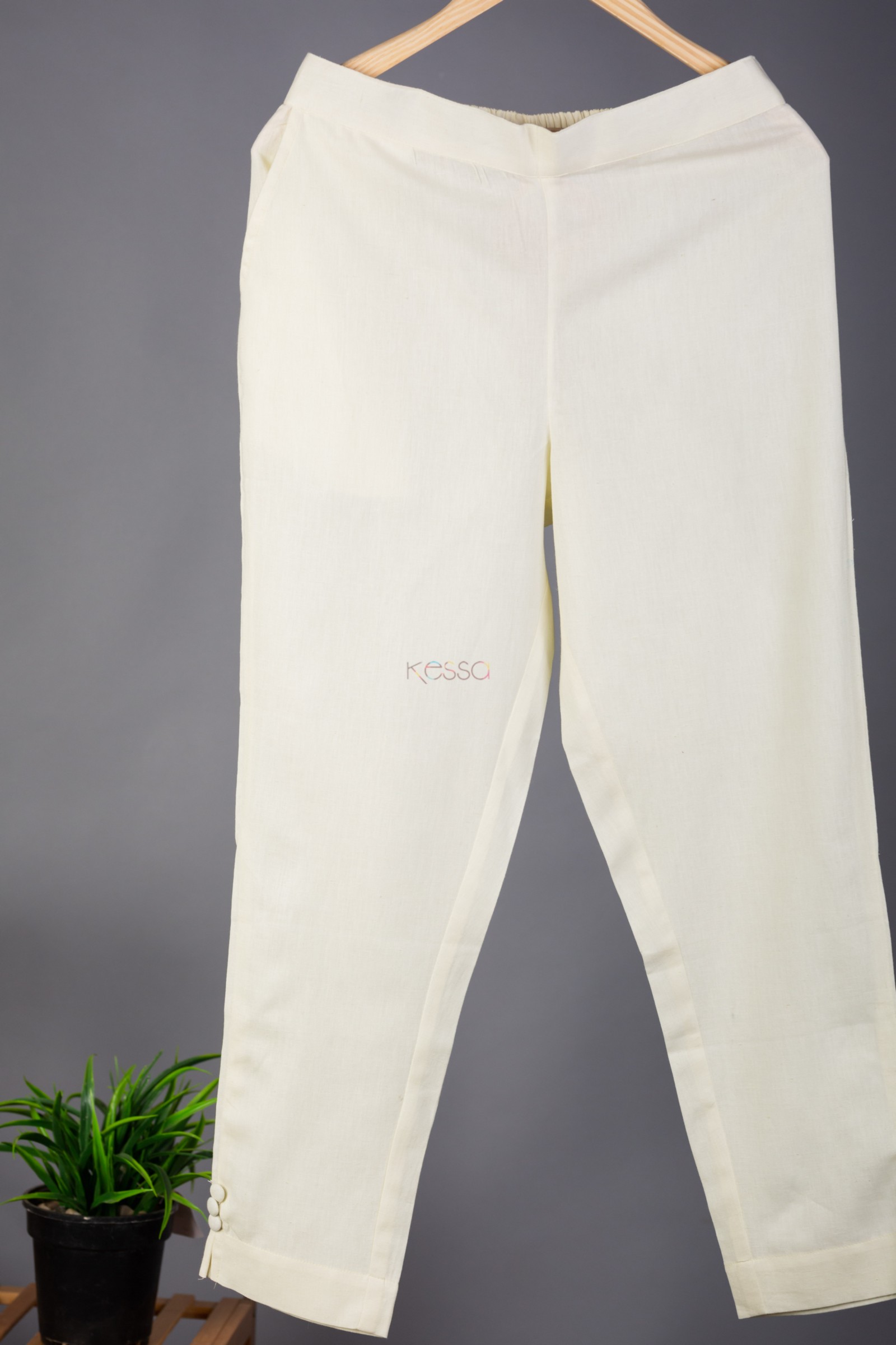 Off white cotton straight pants with appliqué and dori embroidery work   Kora India