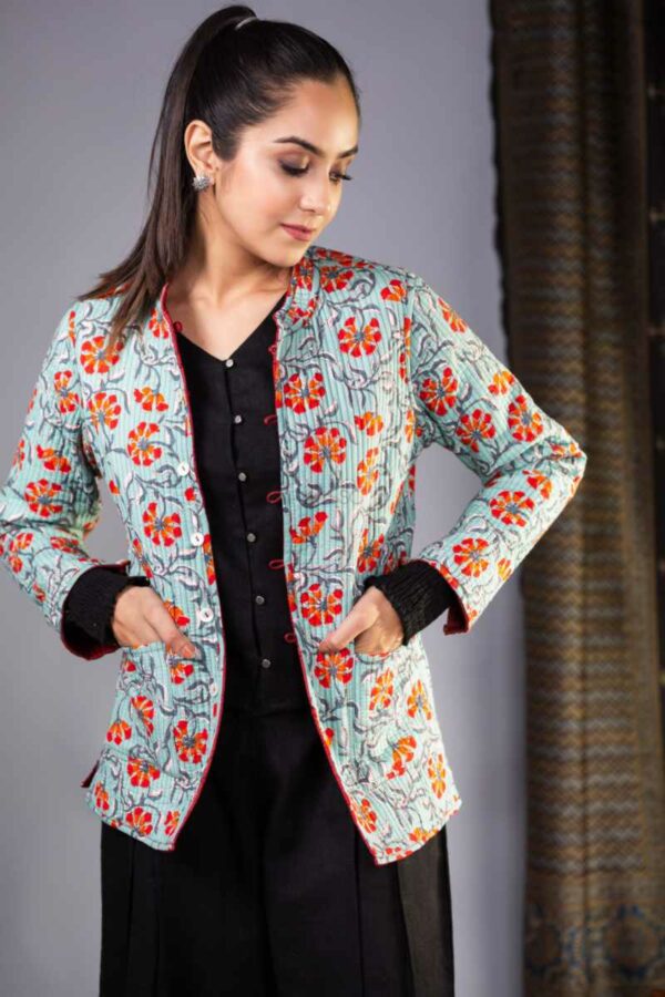 Image for Sj33 Dhriti Quilted Full Sleeves Reverable Silk Jacket Front