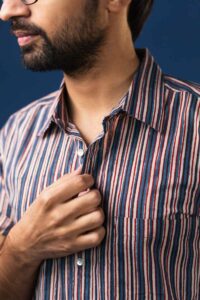 Image for Kessa Bpr23 Saatvik Cotton Stripe Half Sleeves Shirt Closeup 2