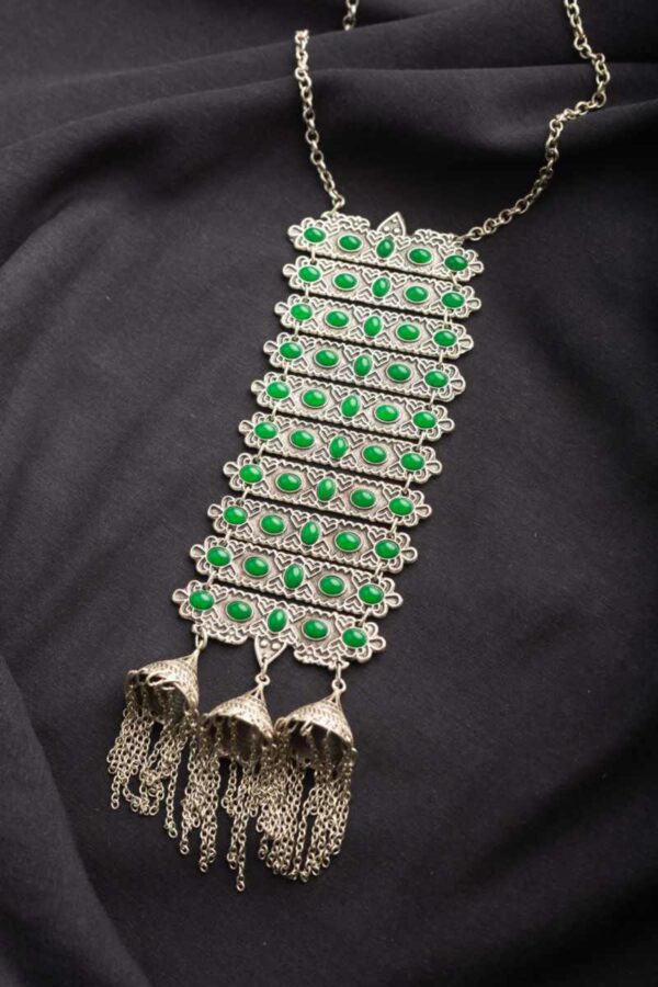 Image for Kessa Kpn84 Turkish Bar Multi Green Stone Jhumka Necklace Featured