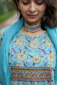 Image for Kessa Wsr387 Diya Handblock Cotton Complete Suit Set Closeup