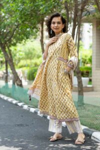 Image for Kessa Wsr396 Bhavya Cotton Handblock Complete Suit Set Side