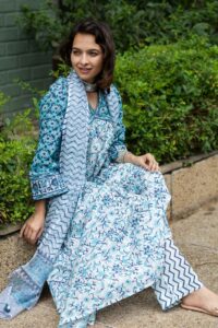Image for Kessa Wsr395 Chaitra Handblock Cotton Complete Suit Set Sitting