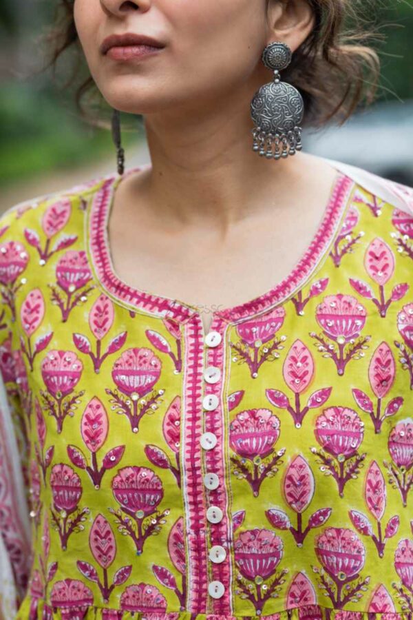 Image for Kessa Wsr398 Gauri Handblock Cotton Complete Suit Set Closeup New