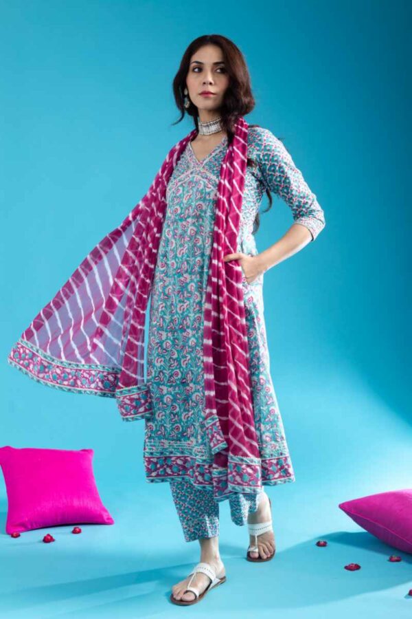 Image for Kessa Wsr408 Aarunya Cotton Handblock Complete Suit Set Featured