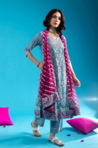 Image for Kessa Wsr408 Aarunya Cotton Handblock Complete Suit Set Front