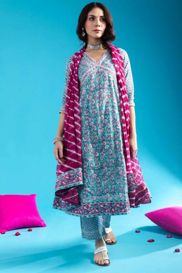Image for Kessa Wsr408 Aarunya Cotton Handblock Complete Suit Set Side